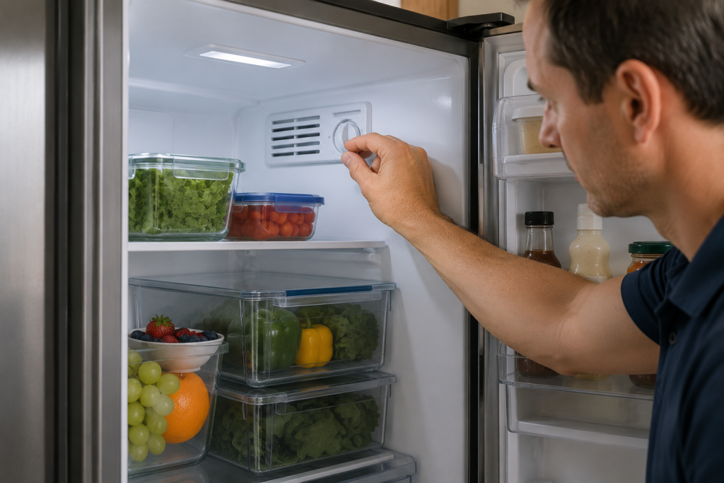 Homeowner adjusting refrigerator temperature controls and checking food storage to reduce excess condensation inside refrigerator