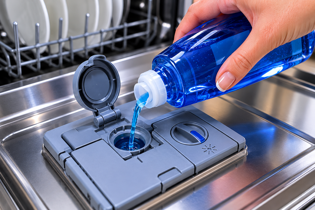 Hand pouring rinse aid into a dishwasher rinse aid dispenser to help prevent white residue and cloudy dishes caused by hard water minerals