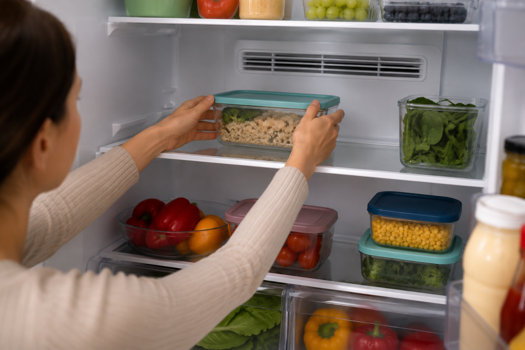 Homeowner moving food containers away from refrigerator air vents inside a fully stocked refrigerator
