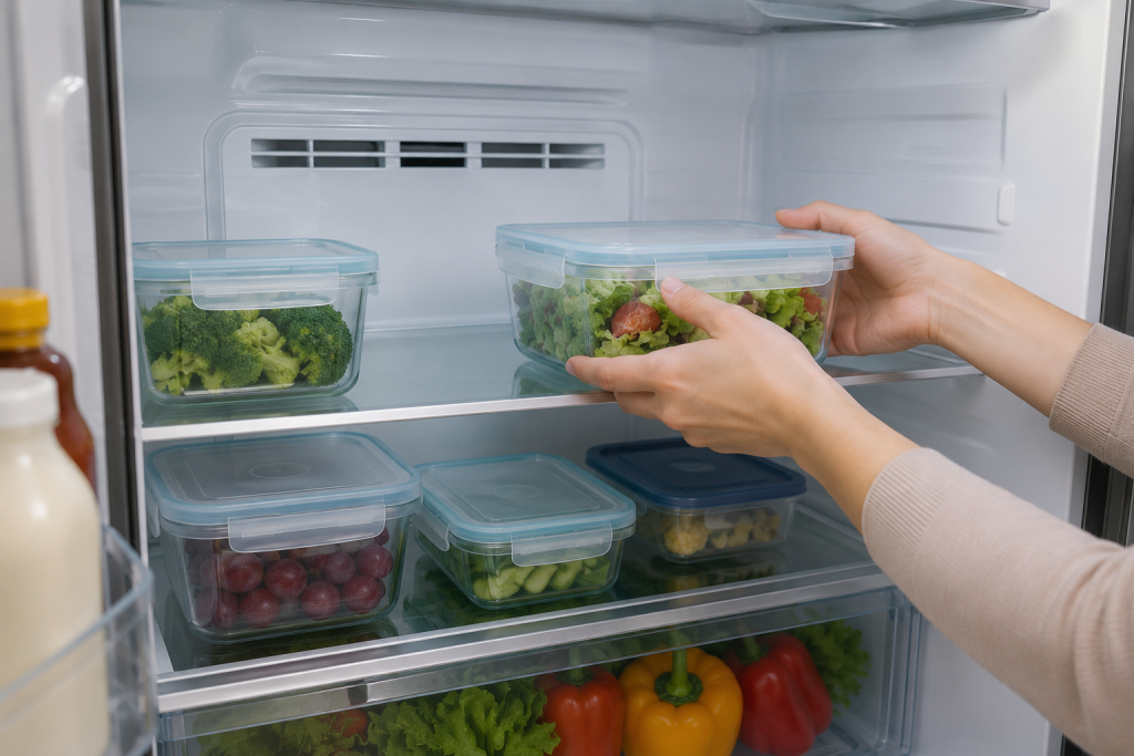 Organizing food containers inside a refrigerator to keep air vents clear and maintain proper airflow during Samsung refrigerator 22E troubleshooting