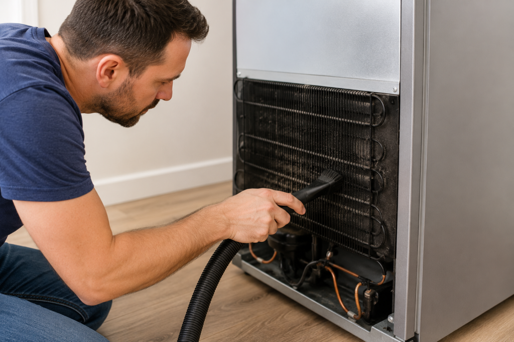 Cleaning refrigerator condenser coils with a vacuum during monthly appliance maintenance