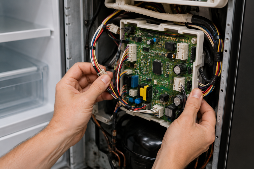 Inspecting refrigerator wiring connections and the main control board during Samsung refrigerator 22E error troubleshooting