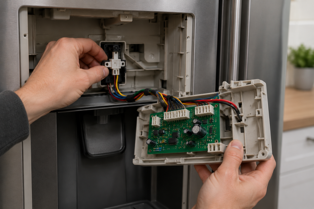Person inspecting a refrigerator dispenser switch and exposed electronic control board inside the dispenser panel