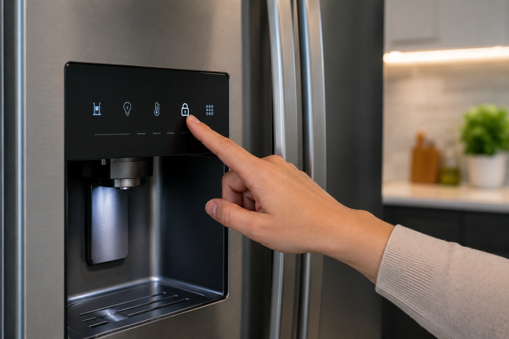 Hand pressing the control lock button on a modern refrigerator water dispenser panel