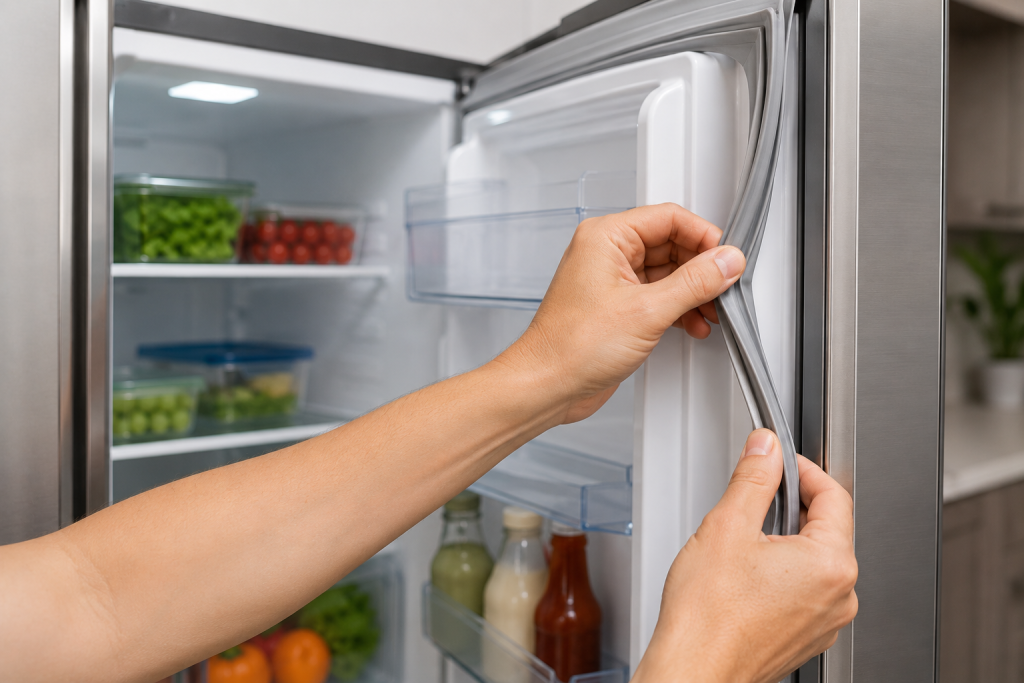 Inspecting and cleaning a refrigerator door gasket seal to prevent warm air leaks and frost buildup in a Samsung refrigerator