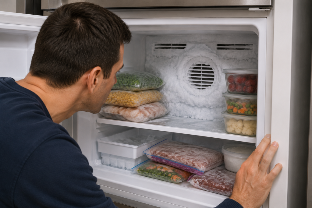 Thick frost buildup inside a refrigerator freezer compartment near cooling vents and evaporator coils