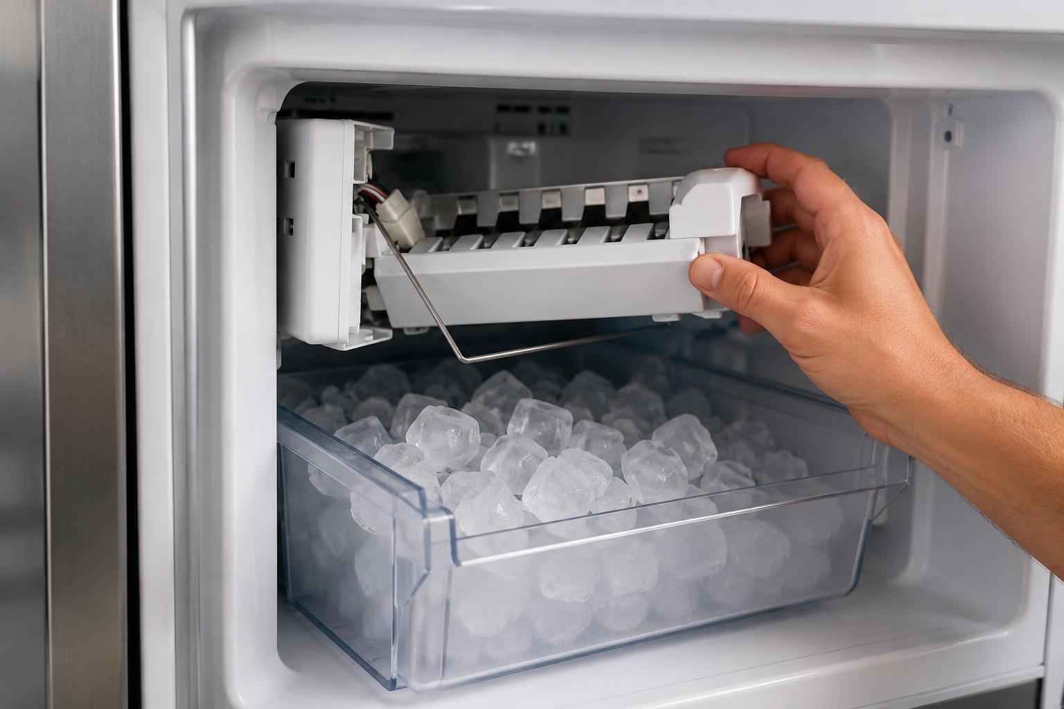 Modern stainless steel refrigerator with open freezer showing ice maker compartment and empty ice bin in bright kitchen setting