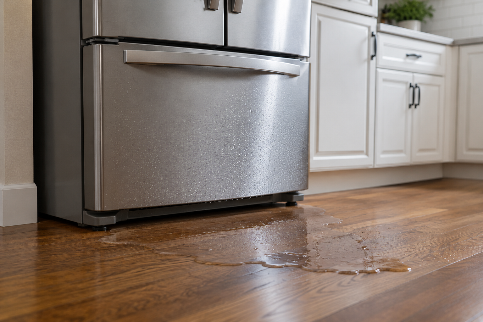 Stainless steel refrigerator leaking water onto hardwood kitchen floor in modern kitchen