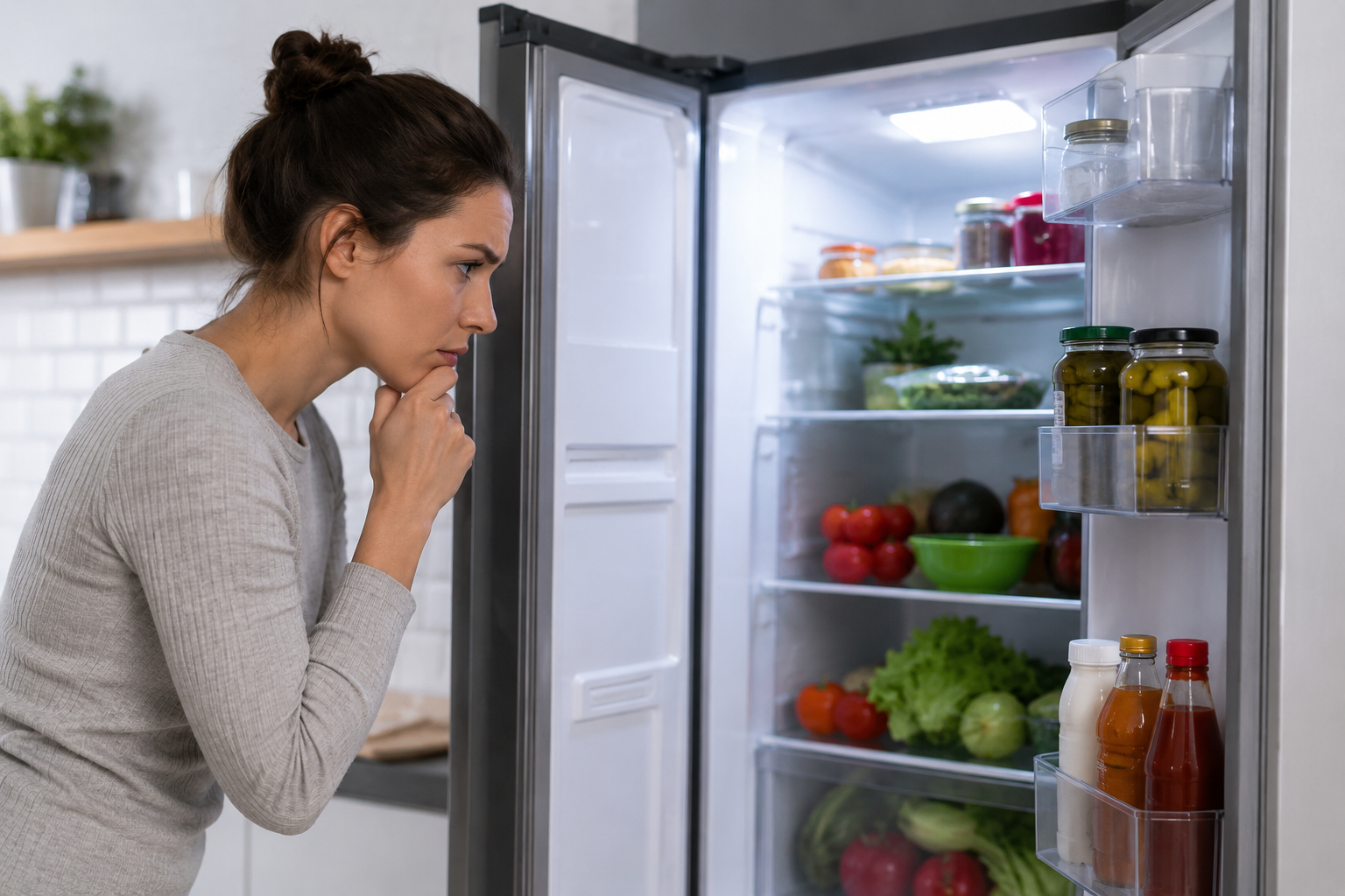 Homeowner looking inside an open refrigerator that is not cooling properly in a modern kitchen