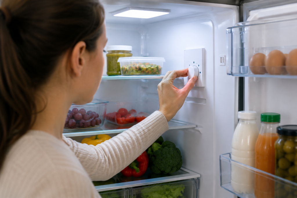 Homeowner adjusting refrigerator temperature settings inside an open refrigerator with food on shelves