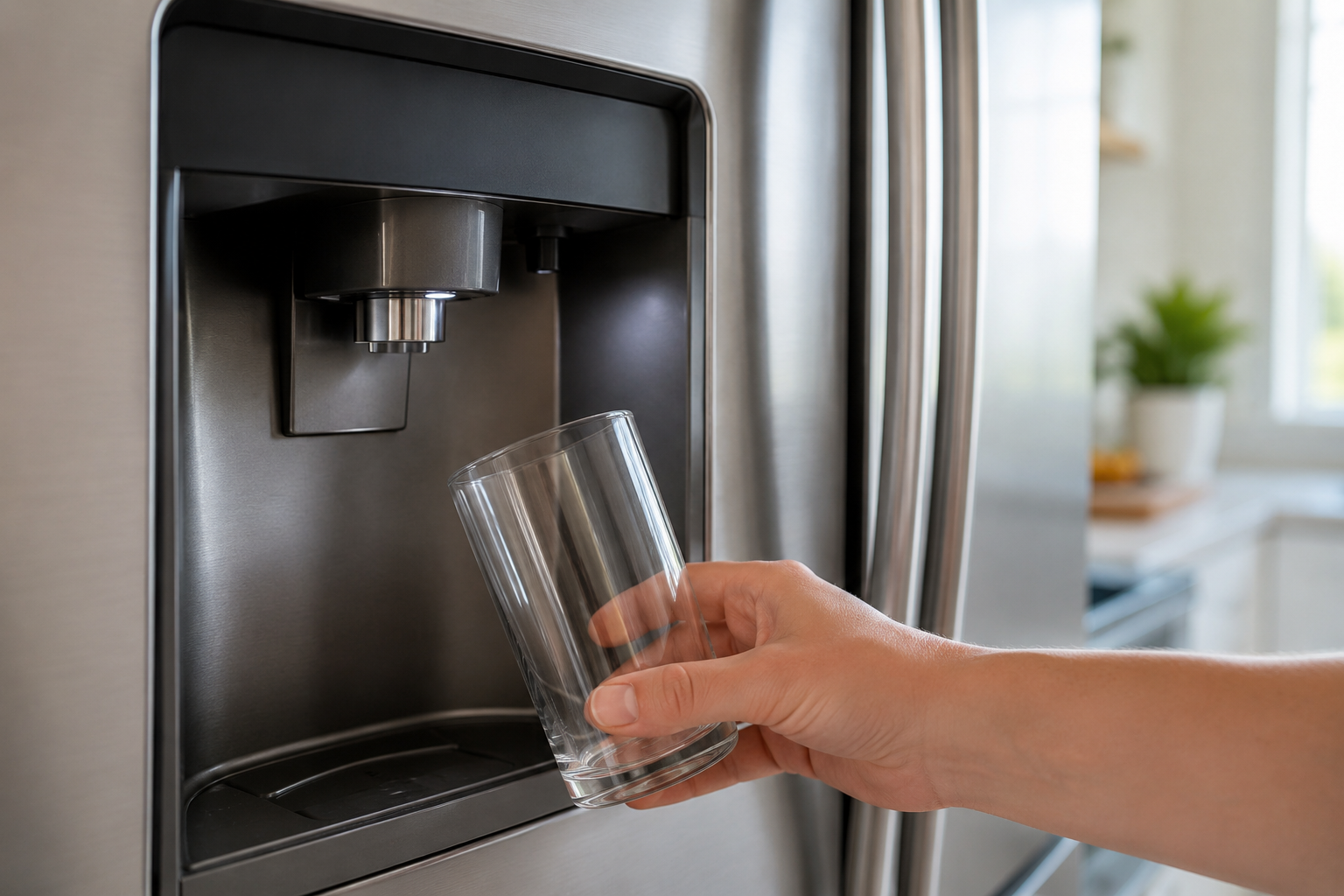 Hand holding a glass under a modern refrigerator water dispenser in a kitchen