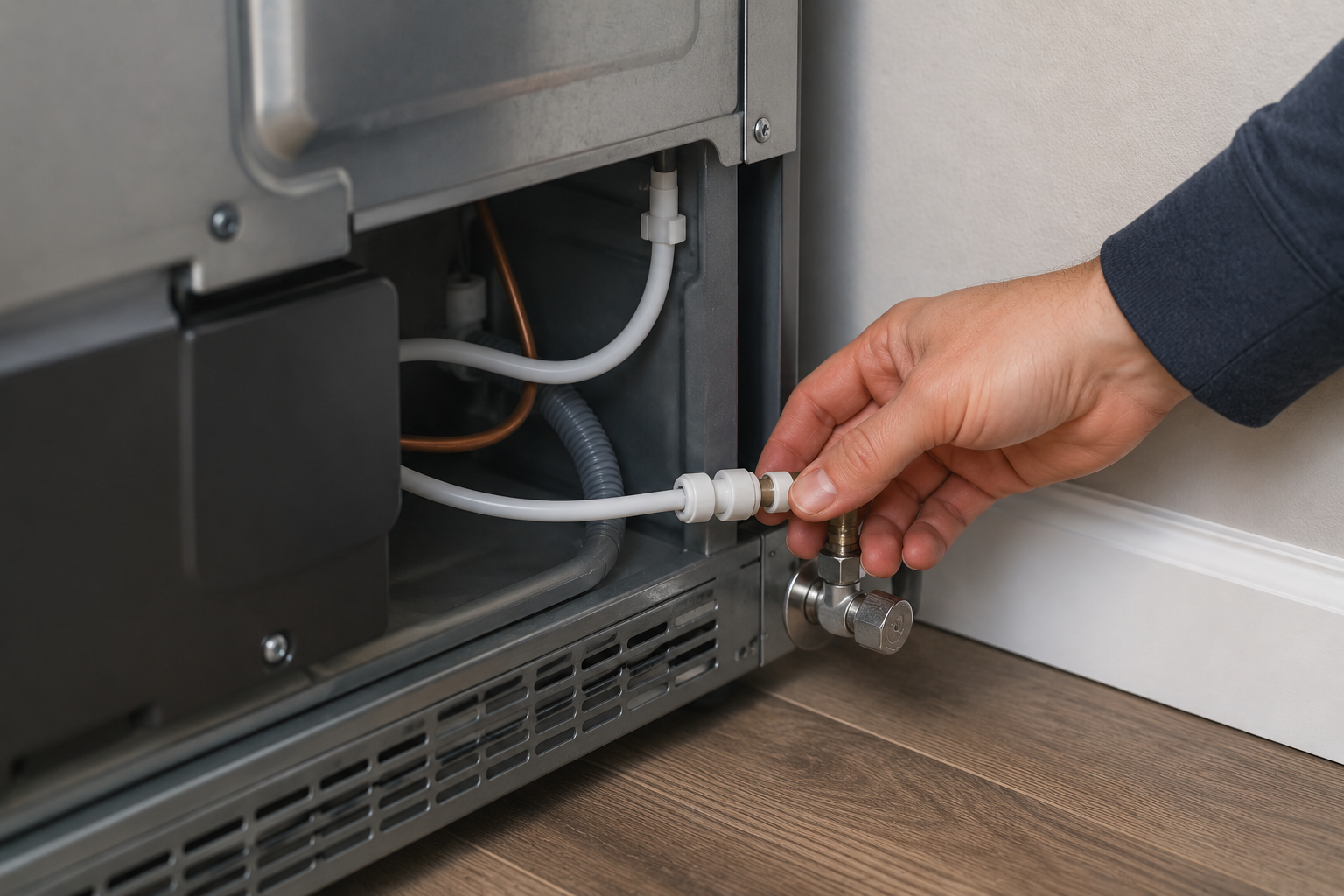 Hand inspecting the water supply line connection behind a refrigerator near the shutoff valve