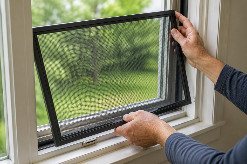 Homeowner reinstalling a repaired window screen into a residential window frame and checking for a secure fit indoors