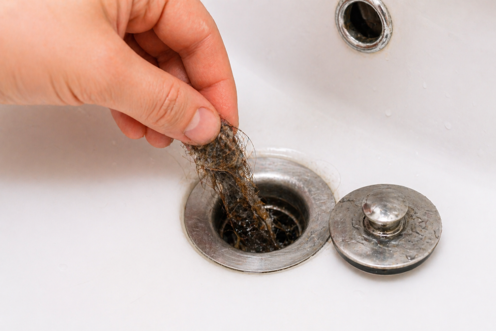 removing hair and debris from sink drain to unclog it