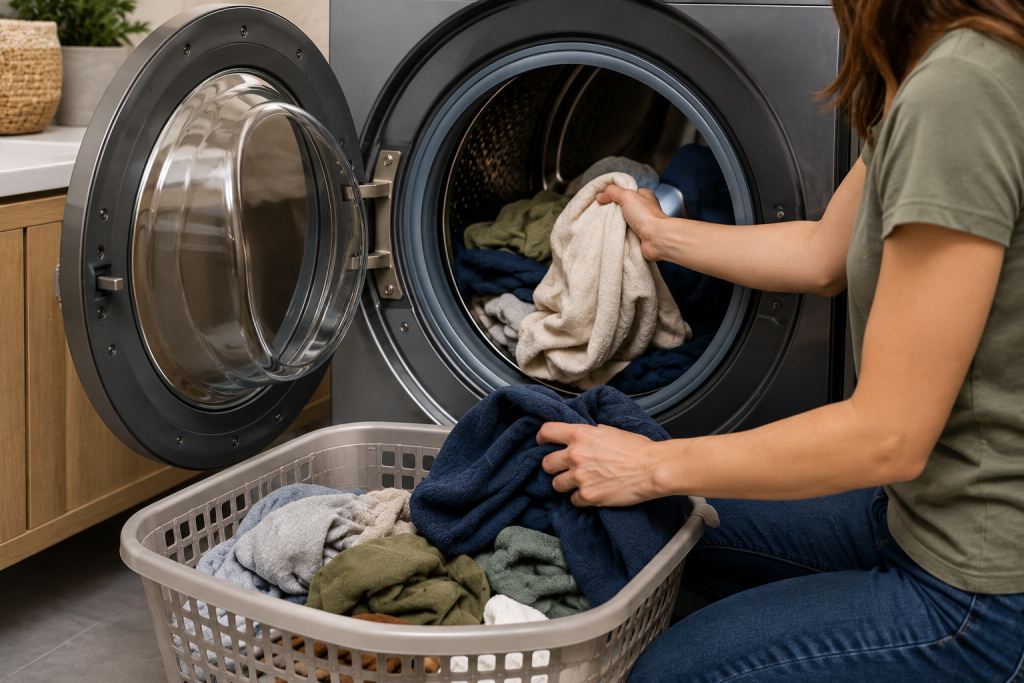 Homeowner removing excess laundry from an overloaded front-load washing machine to troubleshoot a Samsung washer UR error code and balance issue