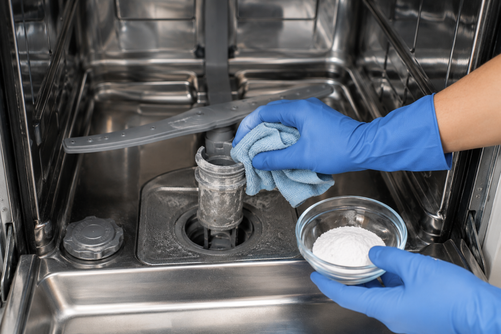 Bowl of white vinegar placed inside an empty dishwasher during a cleaning cycle to remove hard water buildup