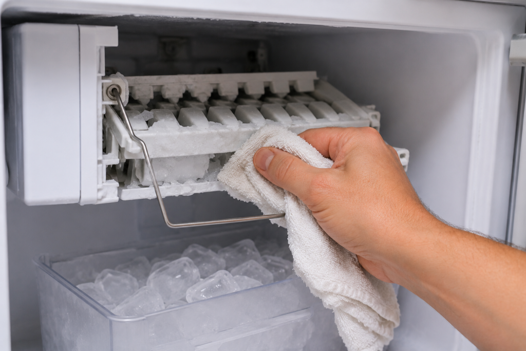Homeowner removing ice buildup from refrigerator ice maker compartment inside freezer to restore normal ice production