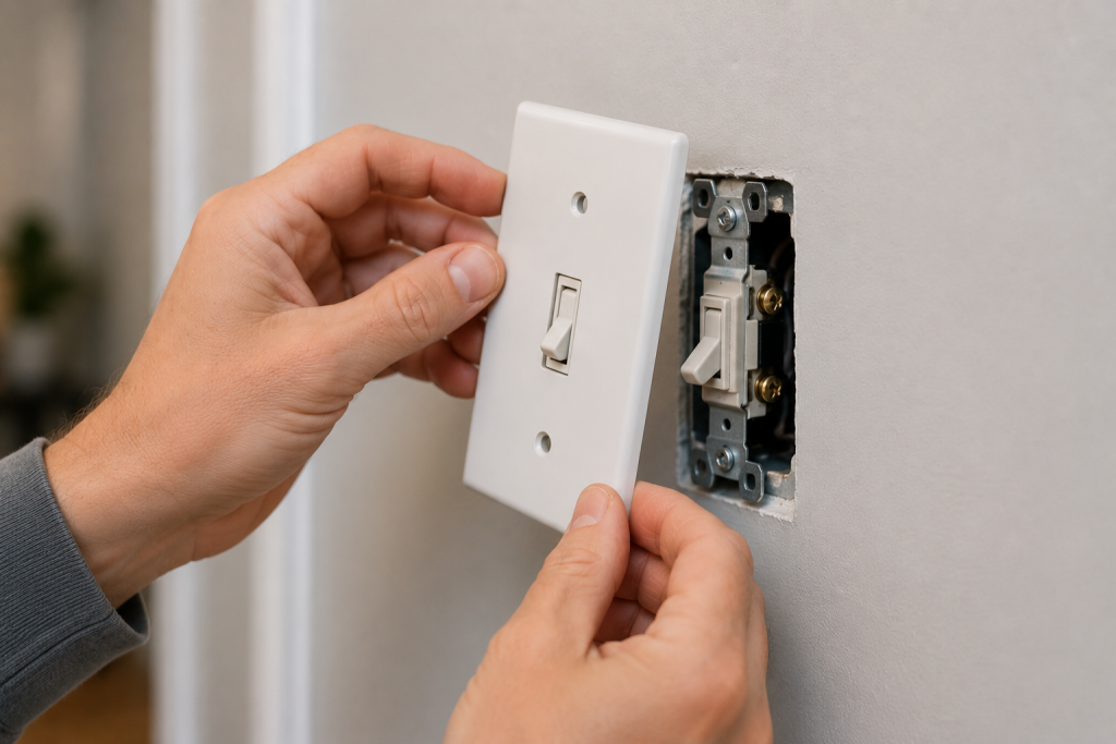 Removing a light switch cover plate to inspect wiring during light switch repair troubleshooting