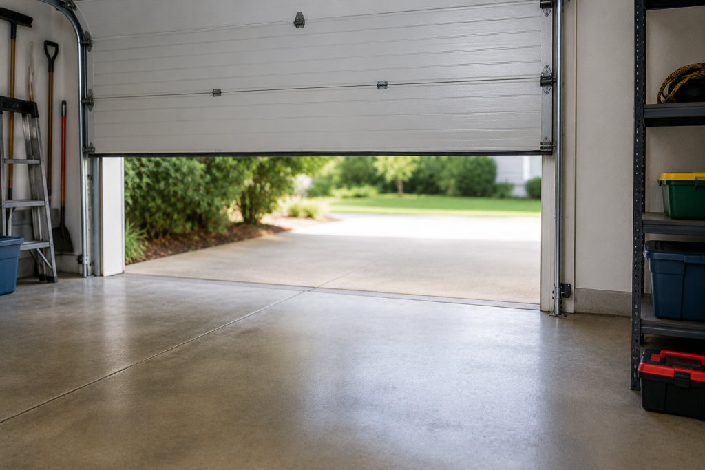 Clean garage floor beneath a partially closed garage door with no objects blocking the door path or safety sensors