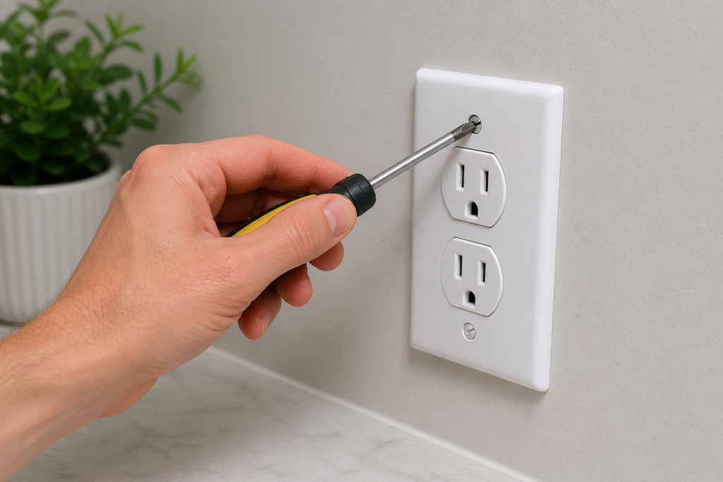 Removing electrical outlet cover plate with screwdriver for outlet repair