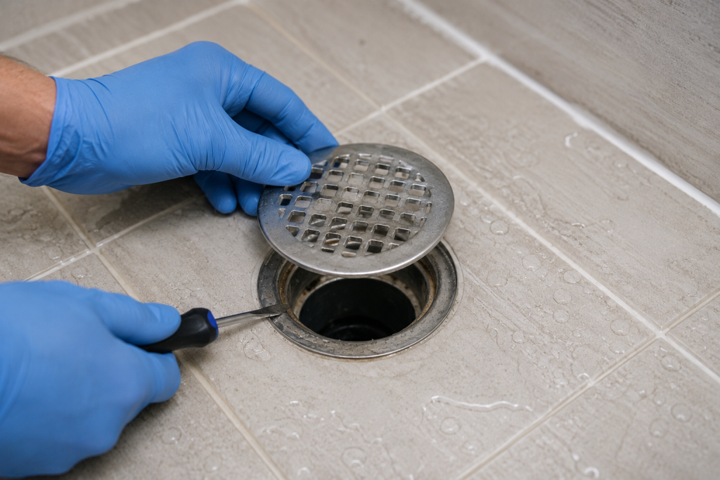Homeowner removing a shower drain cover with a screwdriver in a tiled bathroom shower for how to unclog a shower drain