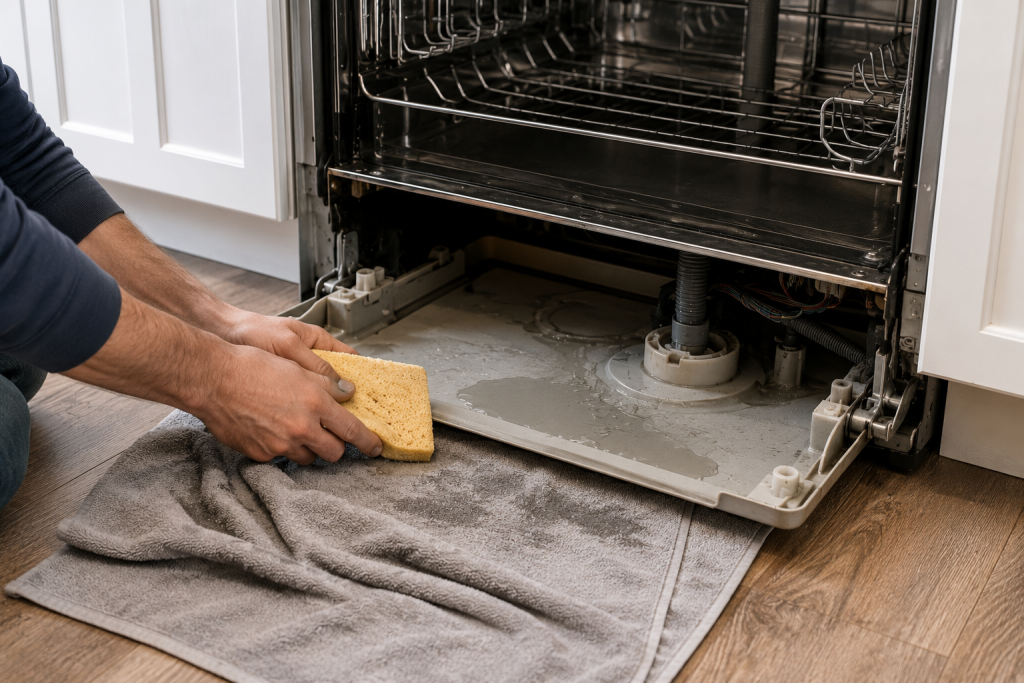 Homeowner removing standing water from the base pan of a Bosch dishwasher after an E15 leak error code appears
