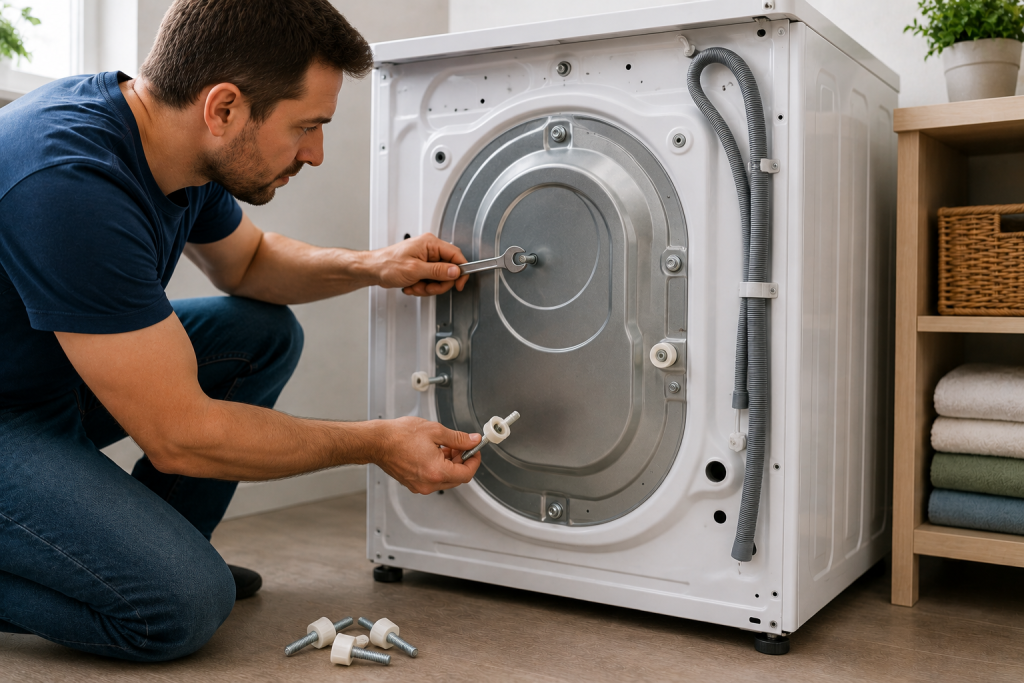 Person removing shipping bolts from the back of a front-load washing machine during installation to prevent excessive shaking and vibration