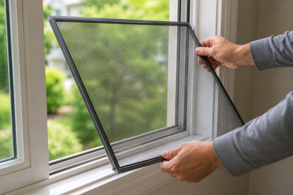 Homeowner carefully removing a window screen from a residential window frame indoors for repair or replacement how to fix window screens with holes or tears