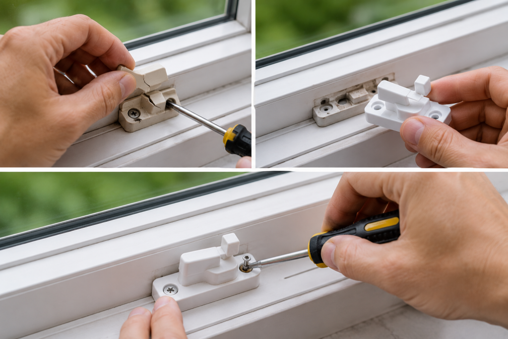 Step-by-step process of removing and installing a replacement window lock on a vinyl window frame using a screwdriver
