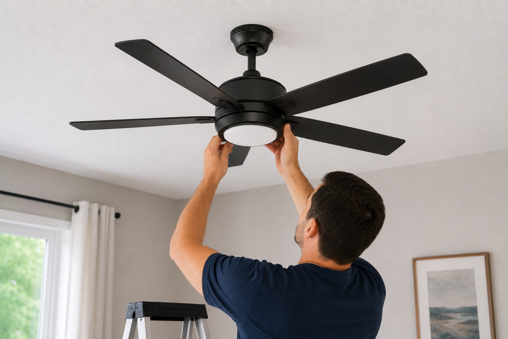 Homeowner replacing an old ceiling fan with a new modern ceiling fan installation indoors