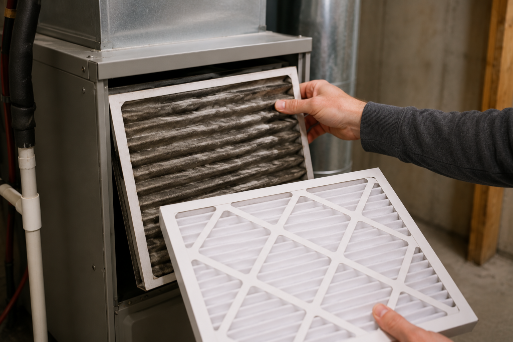 Homeowner removing a dirty HVAC furnace air filter and installing a clean replacement filter inside a residential heating system