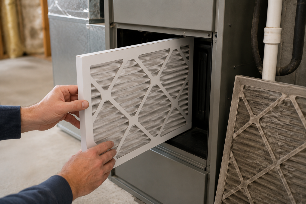 Homeowner replacing a dirty HVAC furnace air filter with a clean pleated filter in a residential utility room