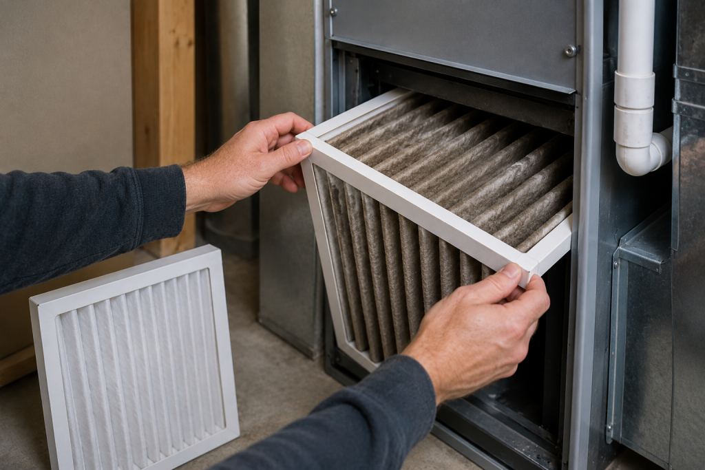 Replacing a dirty furnace air filter inside a residential HVAC system during maintenance troubleshooting