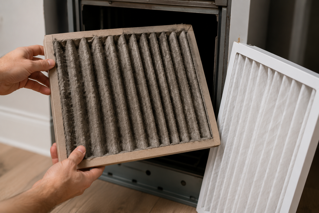 Homeowner replacing a dirty HVAC air filter with a clean filter inside a residential heating and cooling system