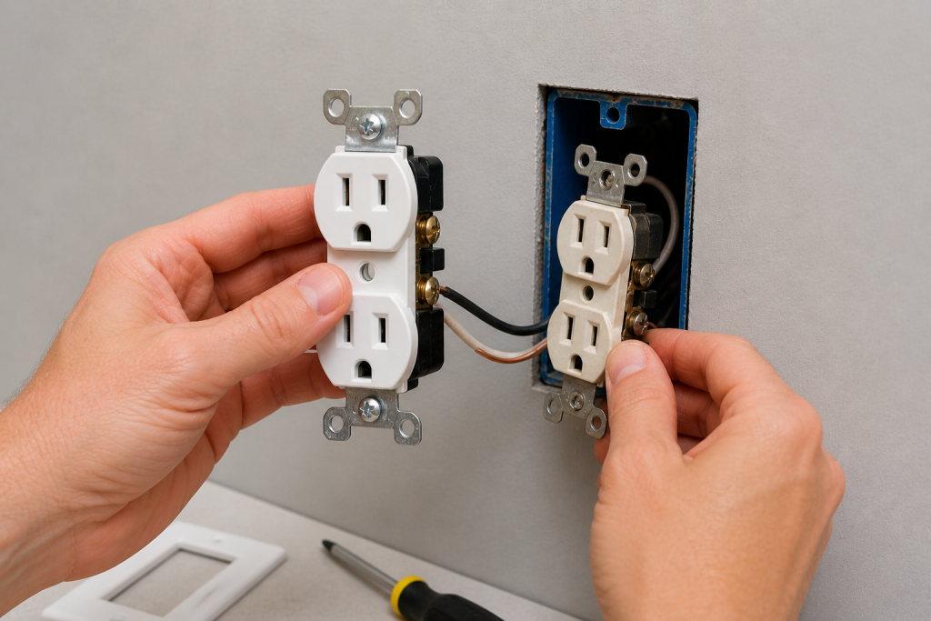 person replacing wall outlet by disconnecting old receptacle and installing a new one