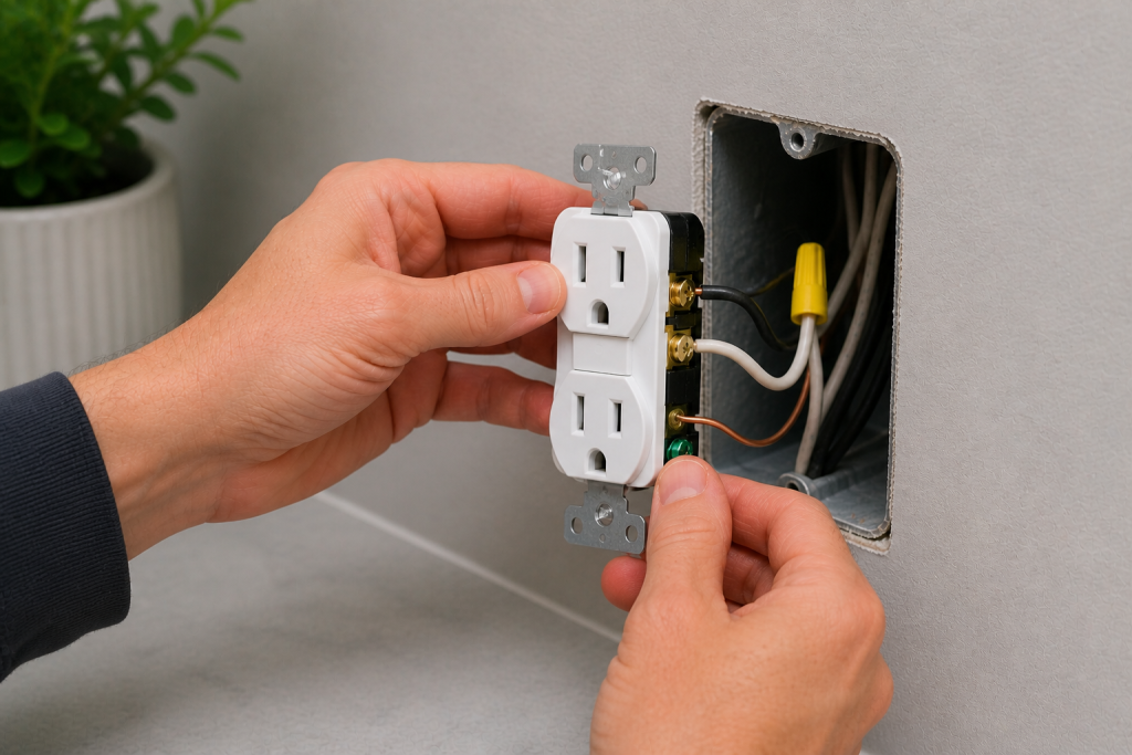 Installing new electrical outlet and connecting wires inside wall box