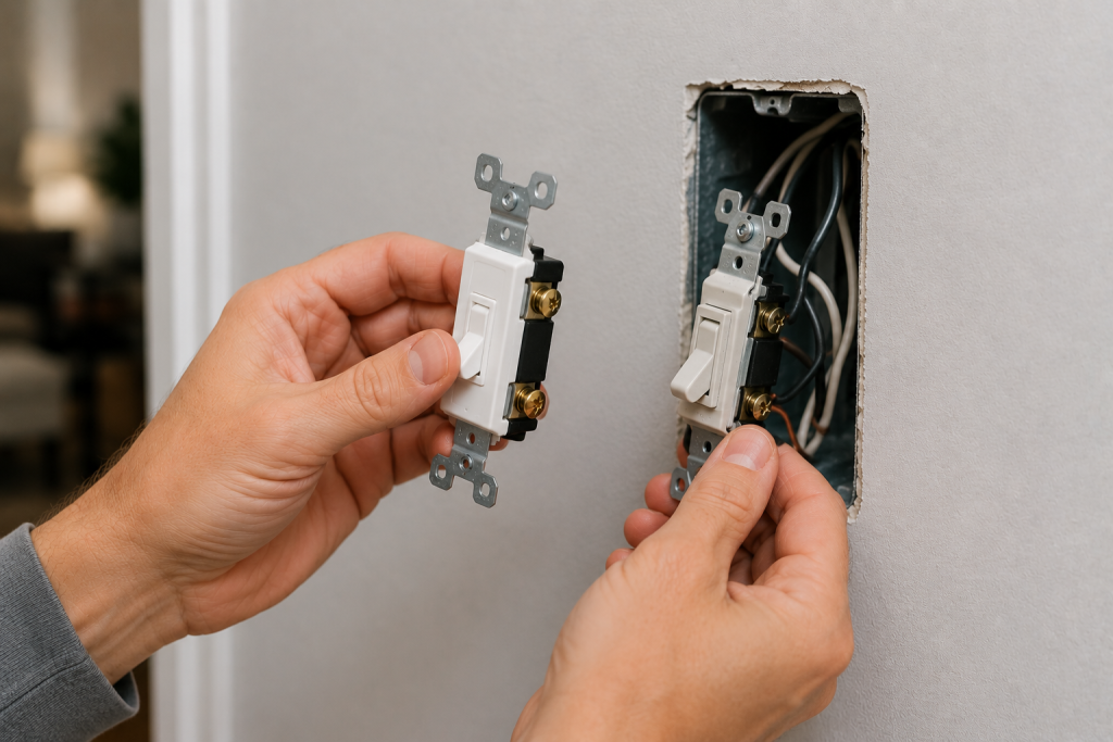Replacing a faulty wall light switch during a home electrical repair project