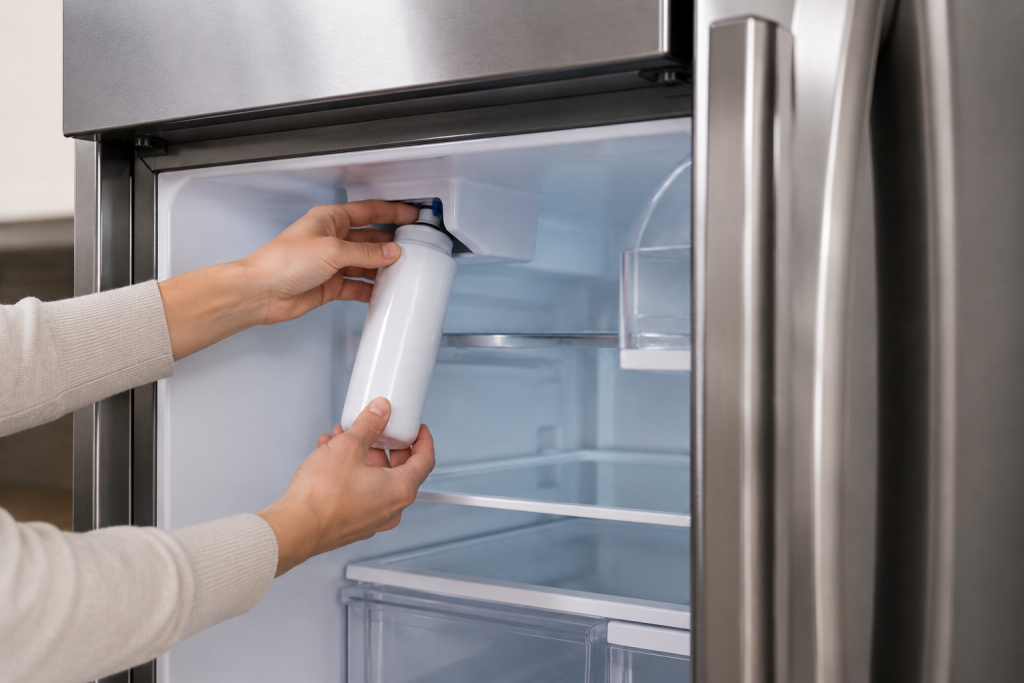 Hands replacing the water filter inside a stainless steel refrigerator during routine maintenance