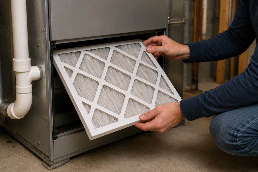 Replacing a dirty furnace air filter inside a residential HVAC heating system to improve airflow and reduce furnace making loud noises