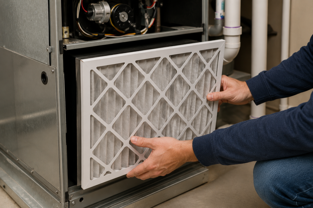 Homeowner replacing a clean furnace air filter inside a residential HVAC system during winter home maintenance