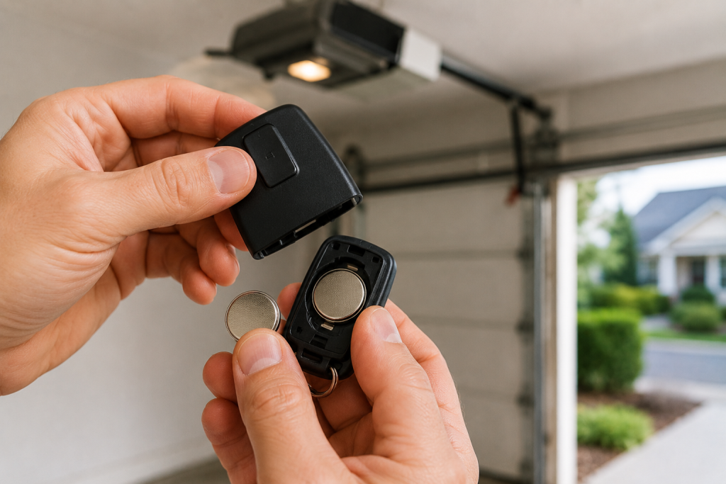 homeowner replacing batteries inside garage door remote control on workbench inside garage
