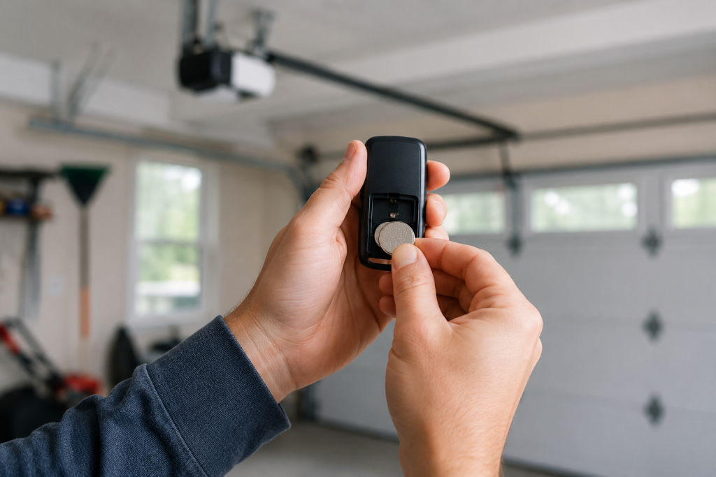 Close-up of a homeowner replacing the battery inside a garage door remote control in a residential garage