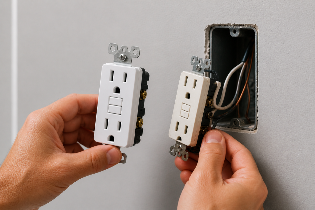 Replacing an old GFCI outlet with a new electrical outlet during home repair.
