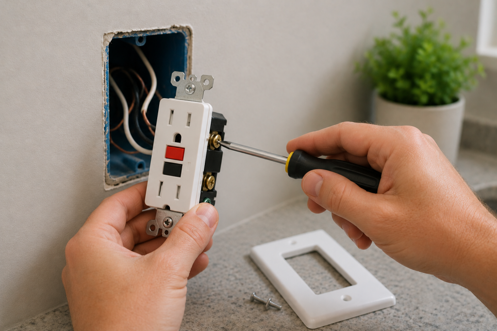 Person installing and wiring a new GFCI outlet during an indoor electrical repair project