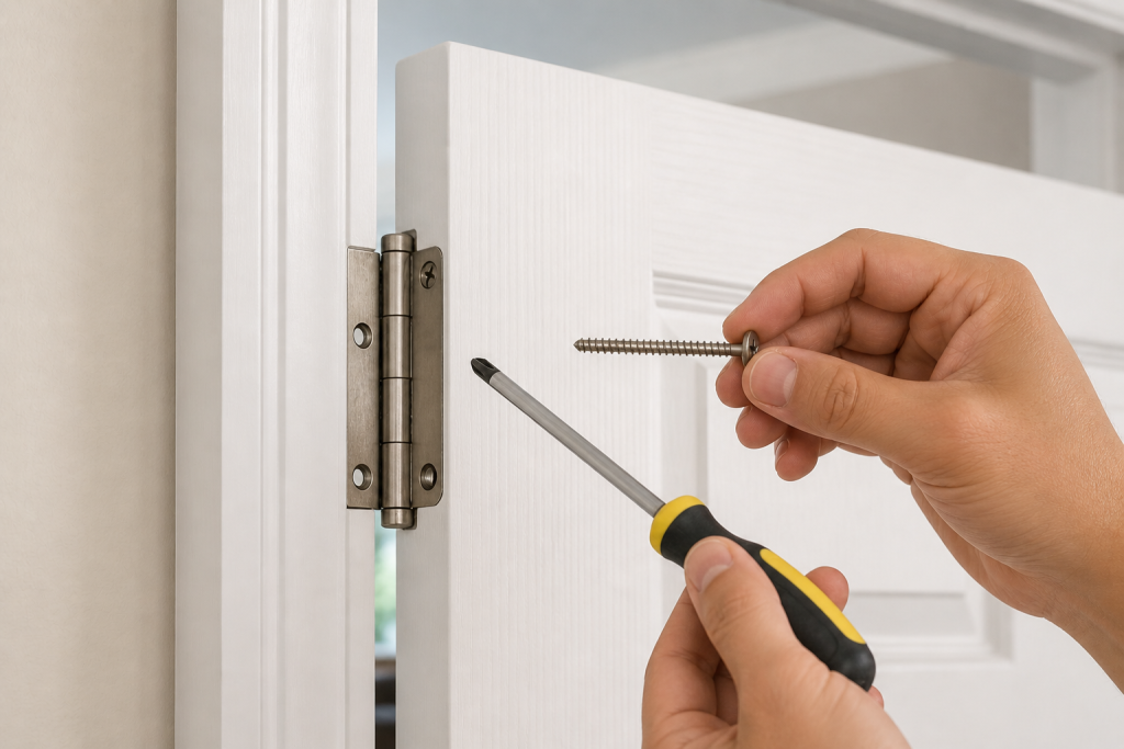 Replacing door hinge screws with longer screws to fix a door rubbing at the top corner