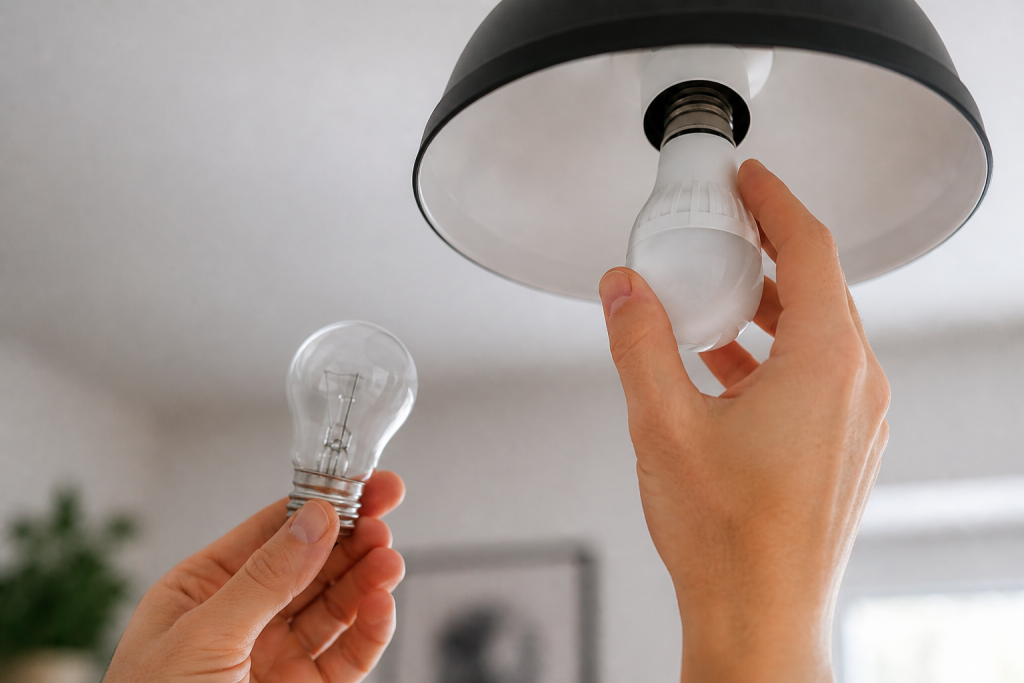 person replacing a light bulb with an LED bulb in a ceiling fixture to fix flickering lights