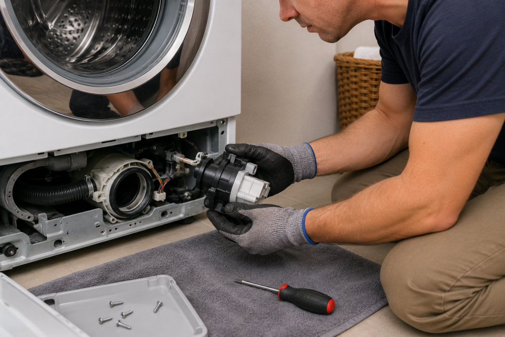 Technician replacing the drain pump assembly on an LG front load washing machine during OE code repair troubleshooting