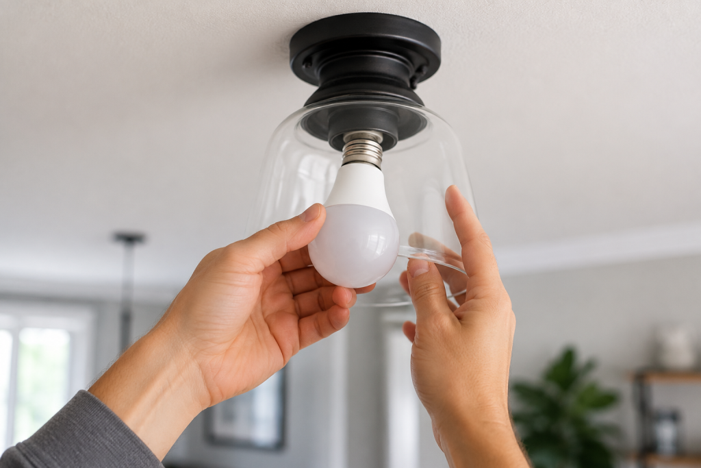 Homeowner replacing a ceiling light bulb while troubleshooting a light switch not working issue