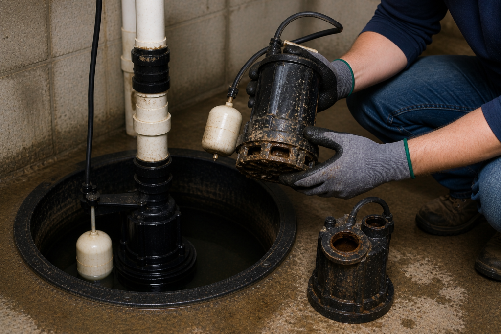 Homeowner inspecting an old worn sump pump during replacement and basement sump pump troubleshooting