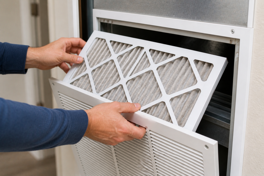 Removing HVAC air filter to clean or replace it for better AC cooling performance